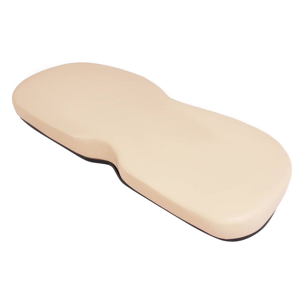 Beige seat back cushion with contoured shape and black edge trim