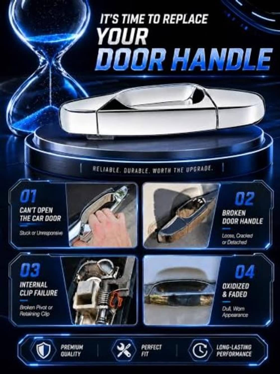 Chrome door handle with a smooth contoured profile, front view