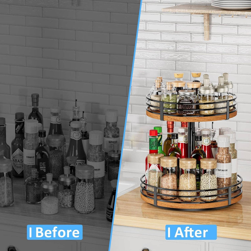 2-tier rotating spice rack organizer with neatly arranged bottles and jars on two shelves