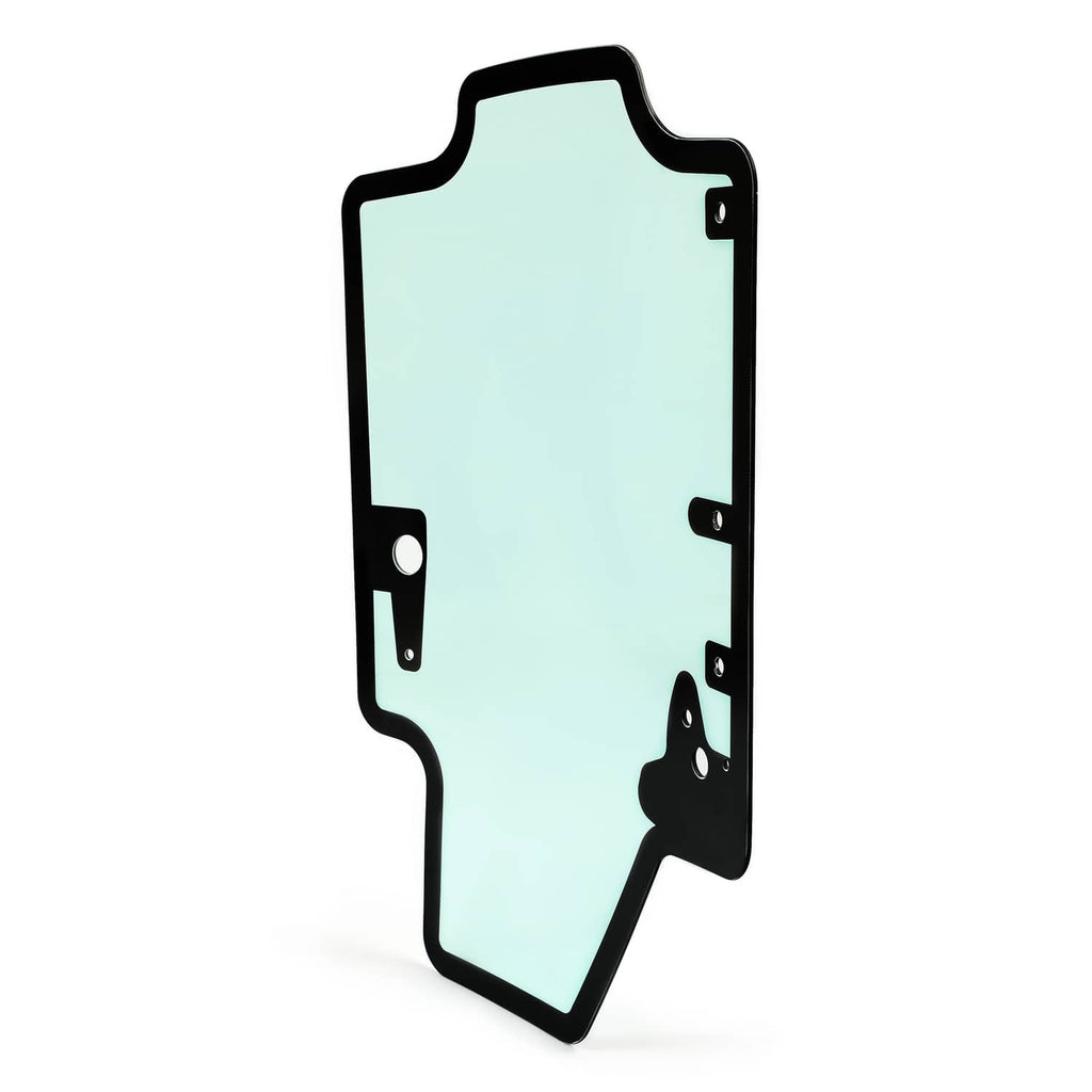 Skid steer door glass panel with black frame and mounting hardware, tinted light green