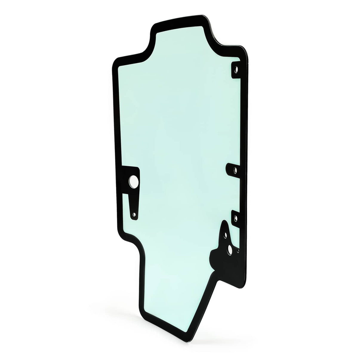 Skid steer door glass panel with black frame and mounting hardware, tinted light green