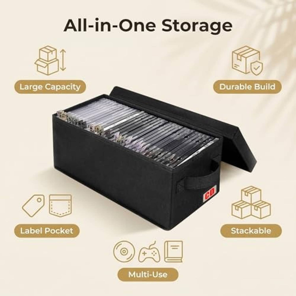 Black CD storage case with open hinged lid and multiple rows of disc sleeves inside