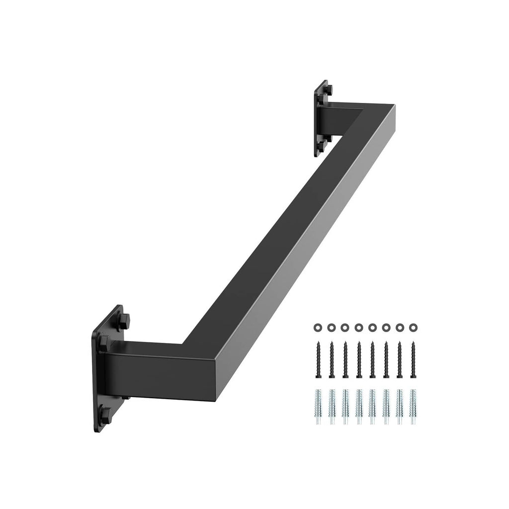 Black wall-mounted stair handrail with square tube and mounting bracket plus screws