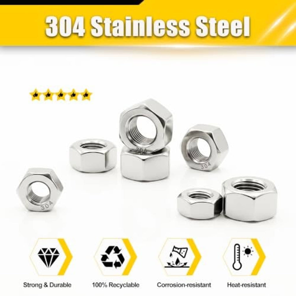 304 stainless steel hex nuts, assorted shiny silver fasteners