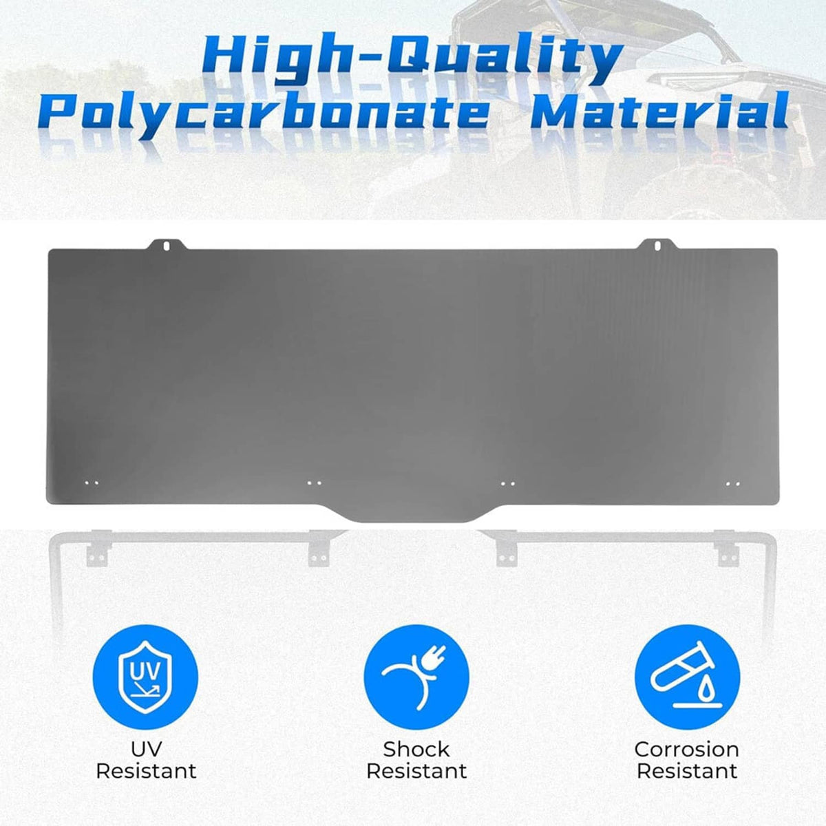 Dark-tinted rear windshield panel with black mounting points and frame