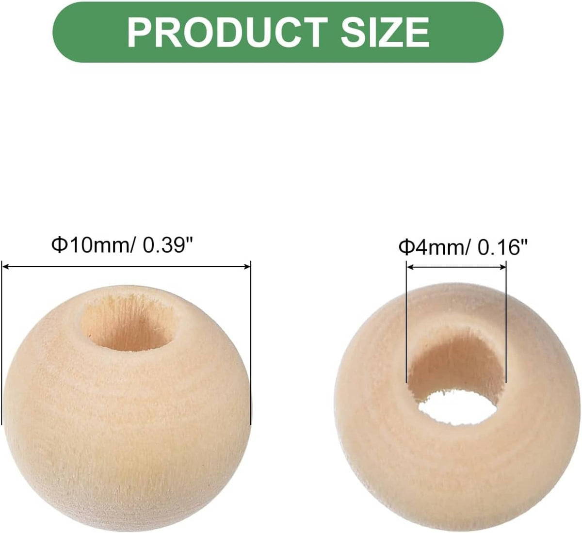 Natural wood round spacer bead size diagram: 10mm bead, 4mm hole