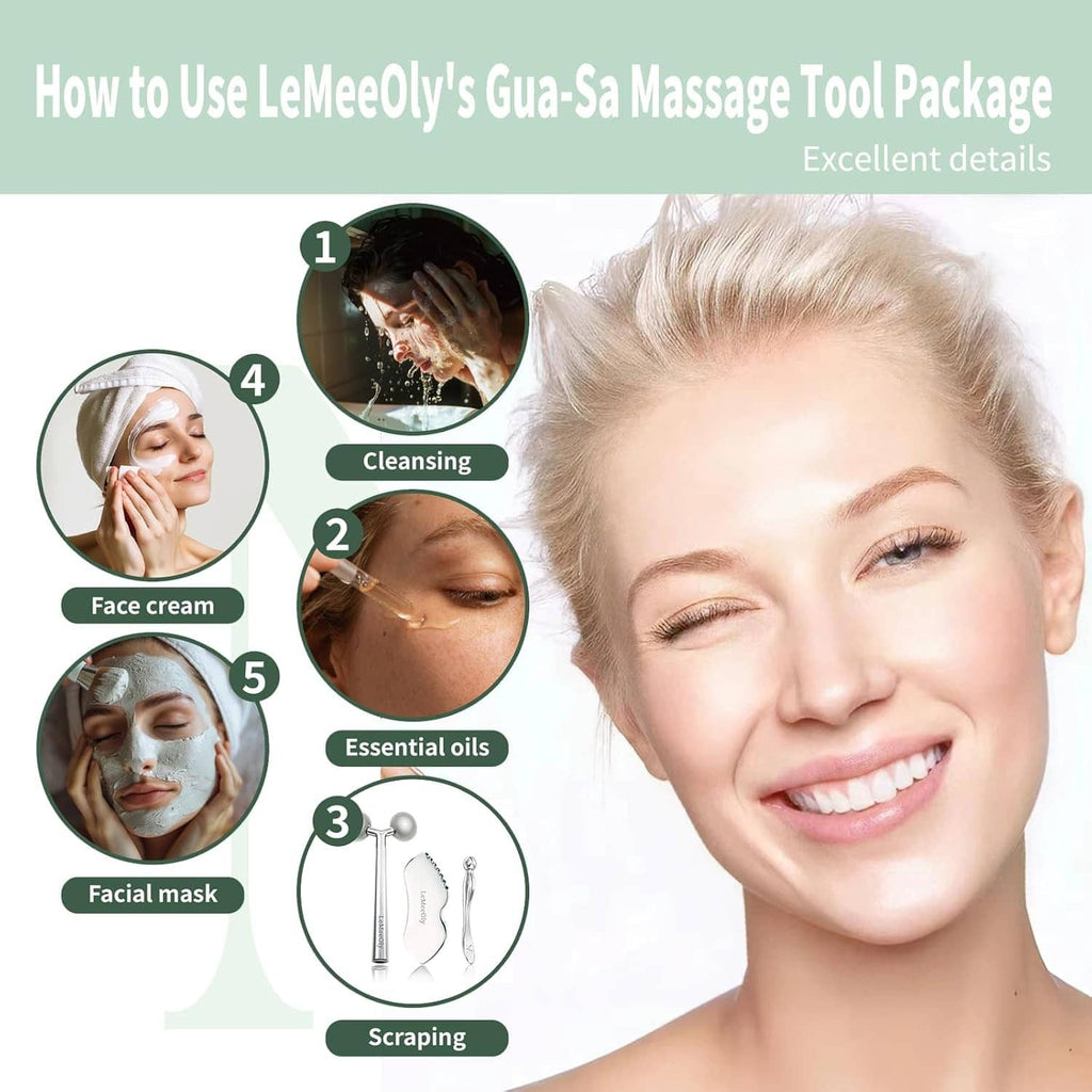 How-to layout featuring a facial roller and gua sha tool, silver stainless steel look