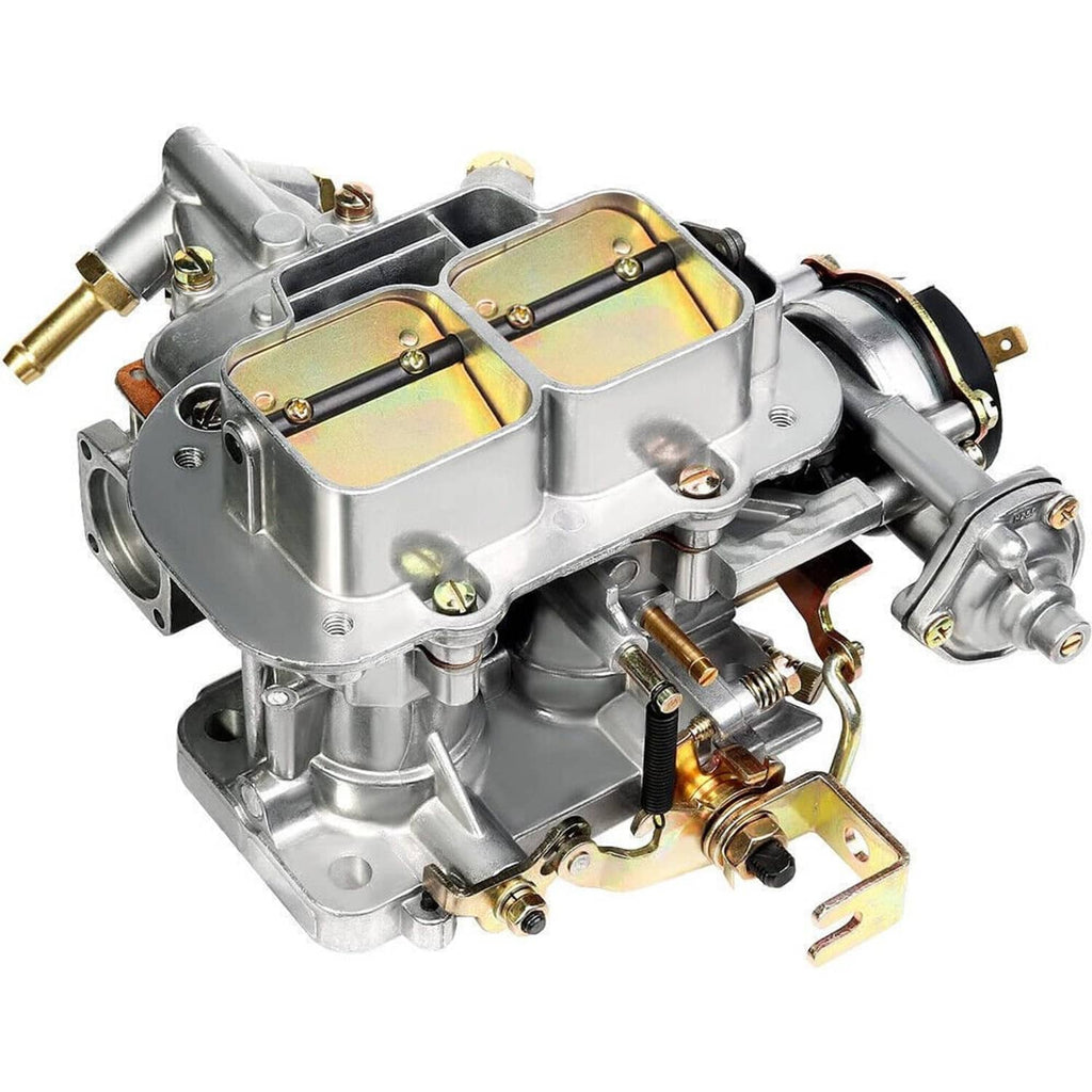 Two-barrel carburetor with black air valve and gold hardware, angled view