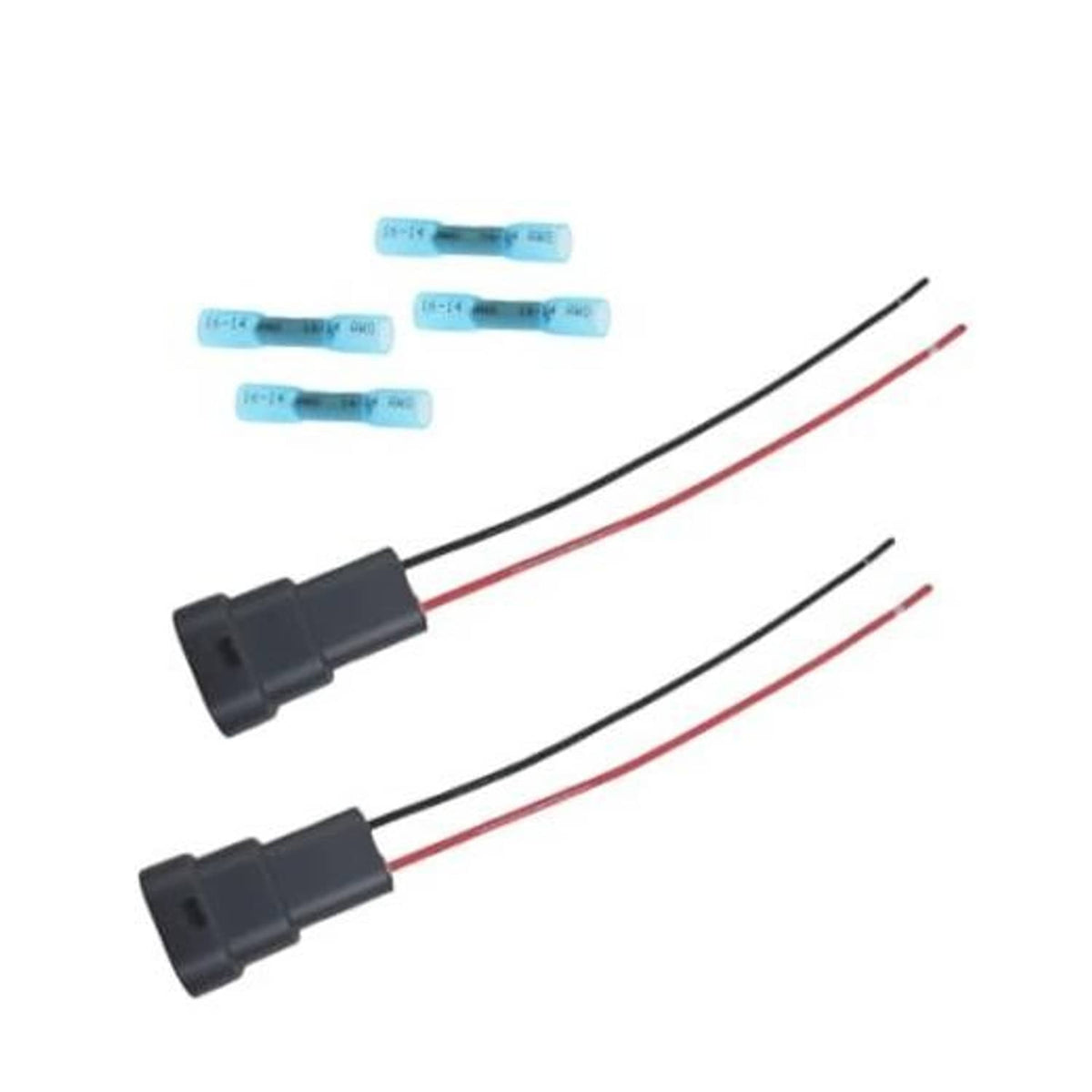 Black male electrical connector wiring harness with red and black wires; blue crimp terminals.