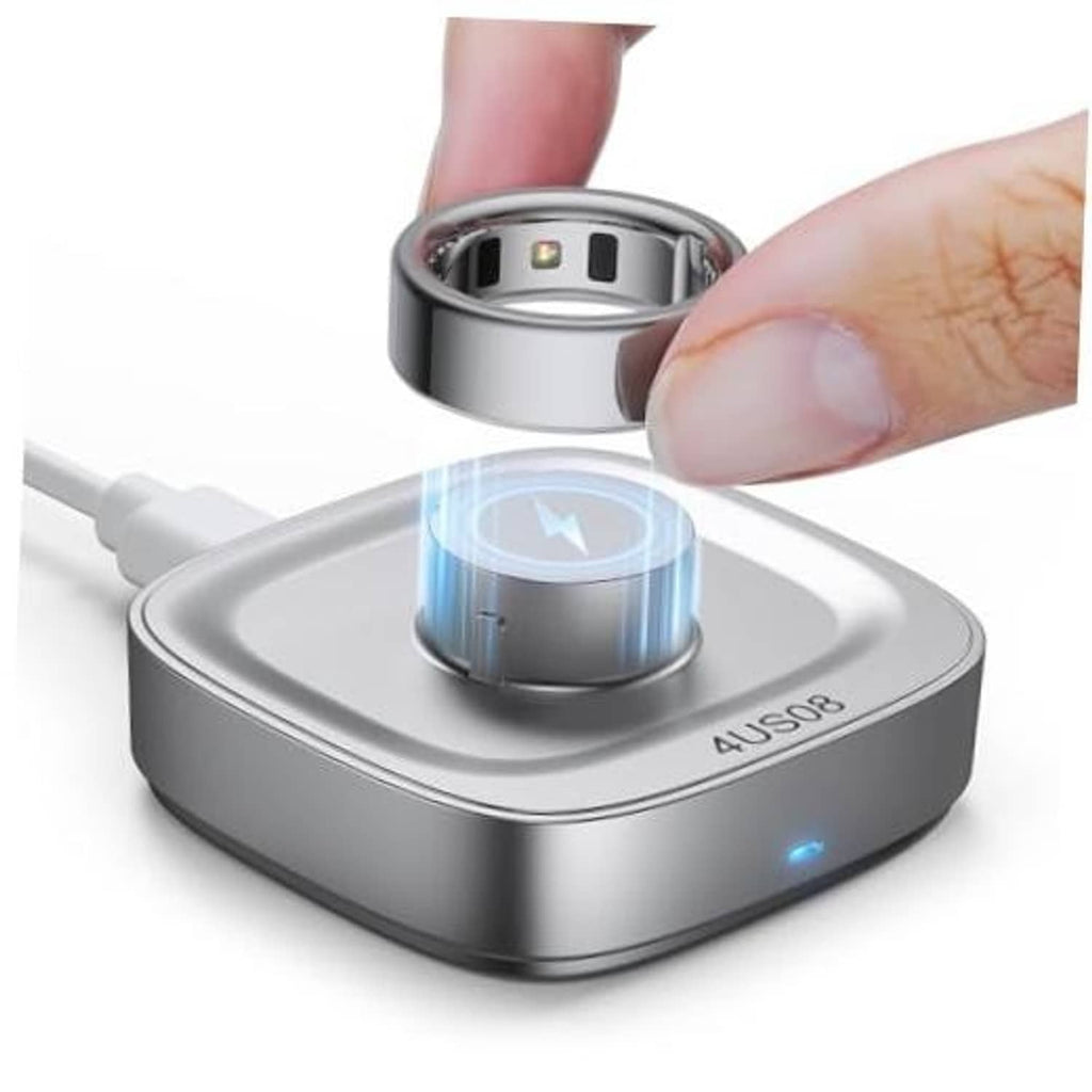 Glossy silver ring charger dock with ring resting in the charging slot