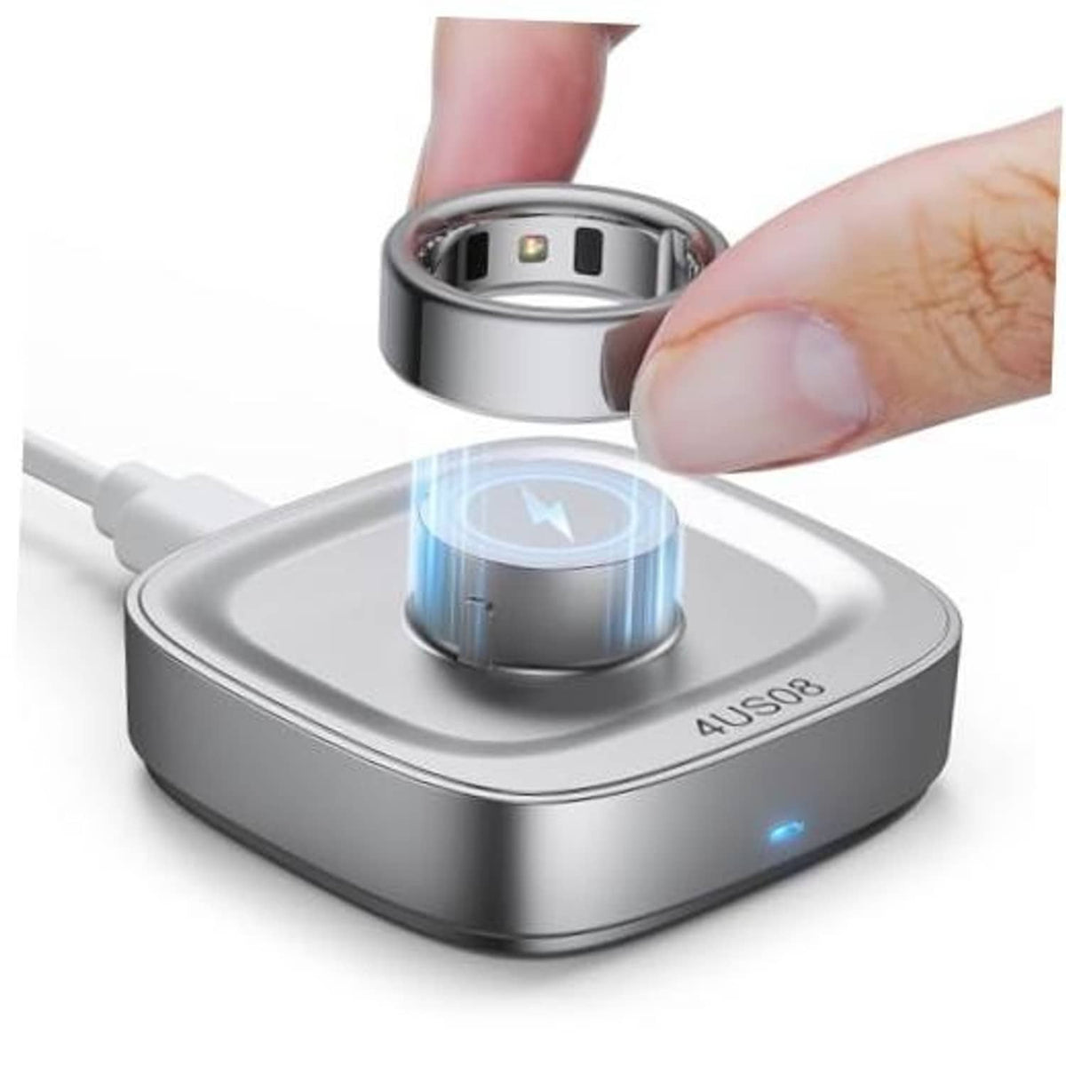 Glossy silver ring charger dock with ring resting in the charging slot