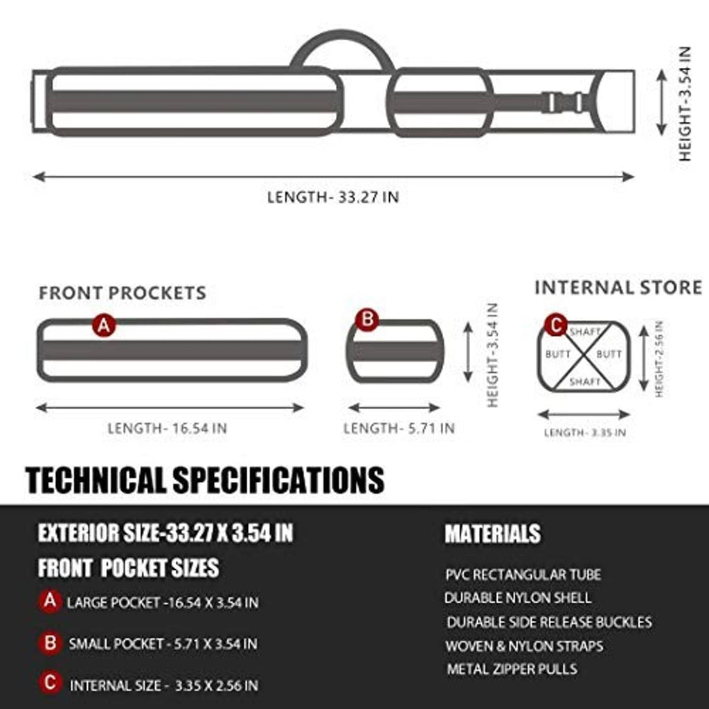 Hard pool cue case technical diagram with length, height, pocket sizes, and internal storage