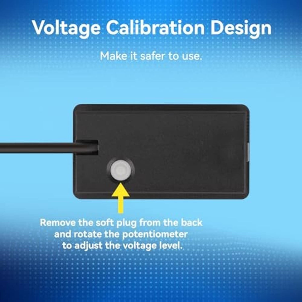Battery monitor back with adjustment knob for voltage calibration