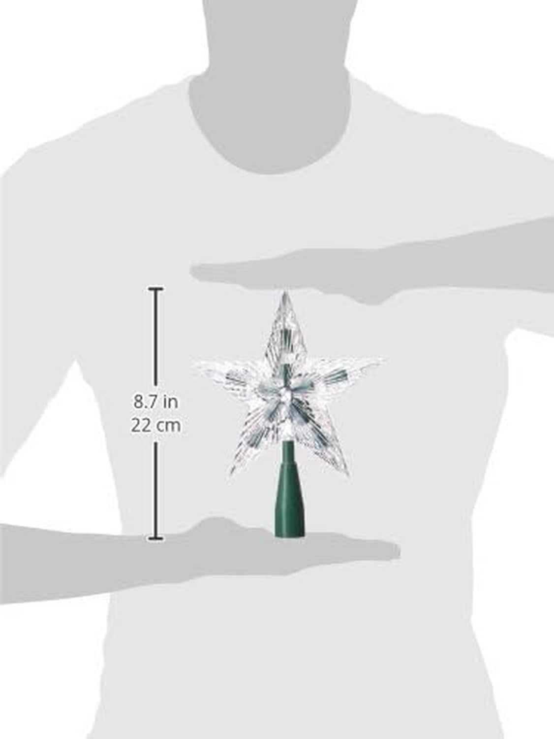 Kurt Adler clear star tree topper with warm LED lights and dark green base, size shown