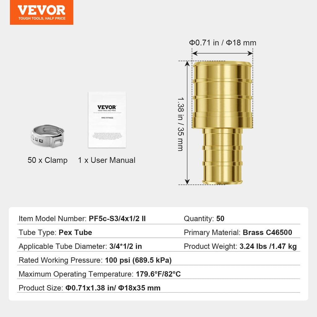 Brass clamp-style fitting with clamp ring and 1/2 in to 3/4 in tubes