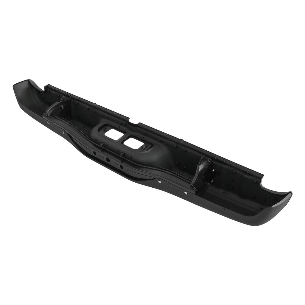 Black underside of rear step bumper assembly with rectangular cutout openings