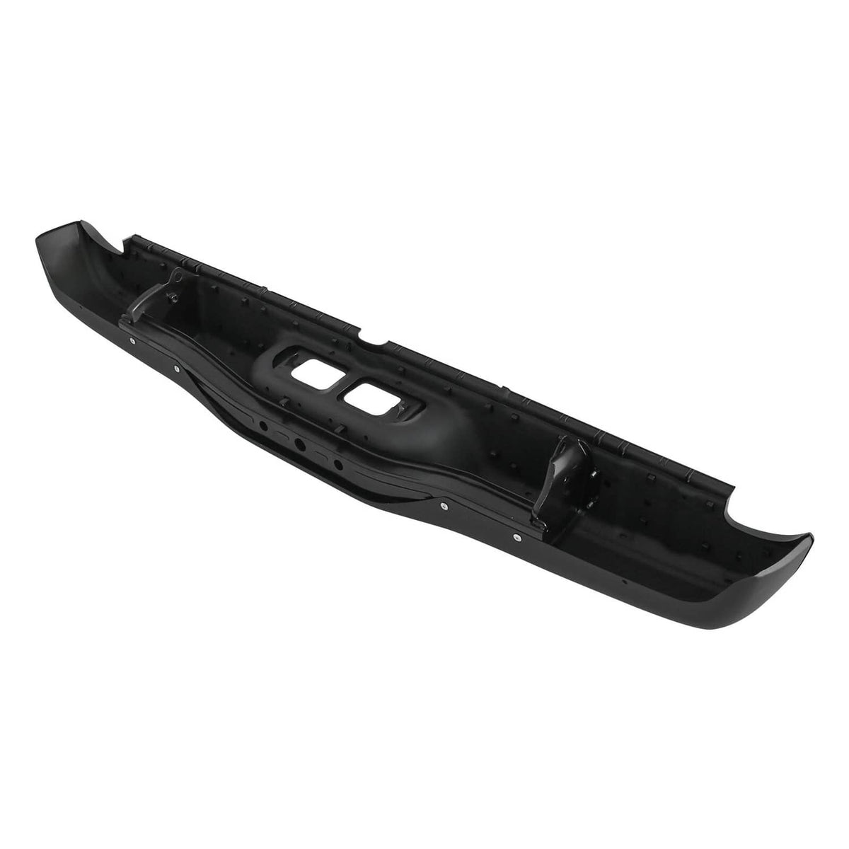 Black underside of rear step bumper assembly with rectangular cutout openings