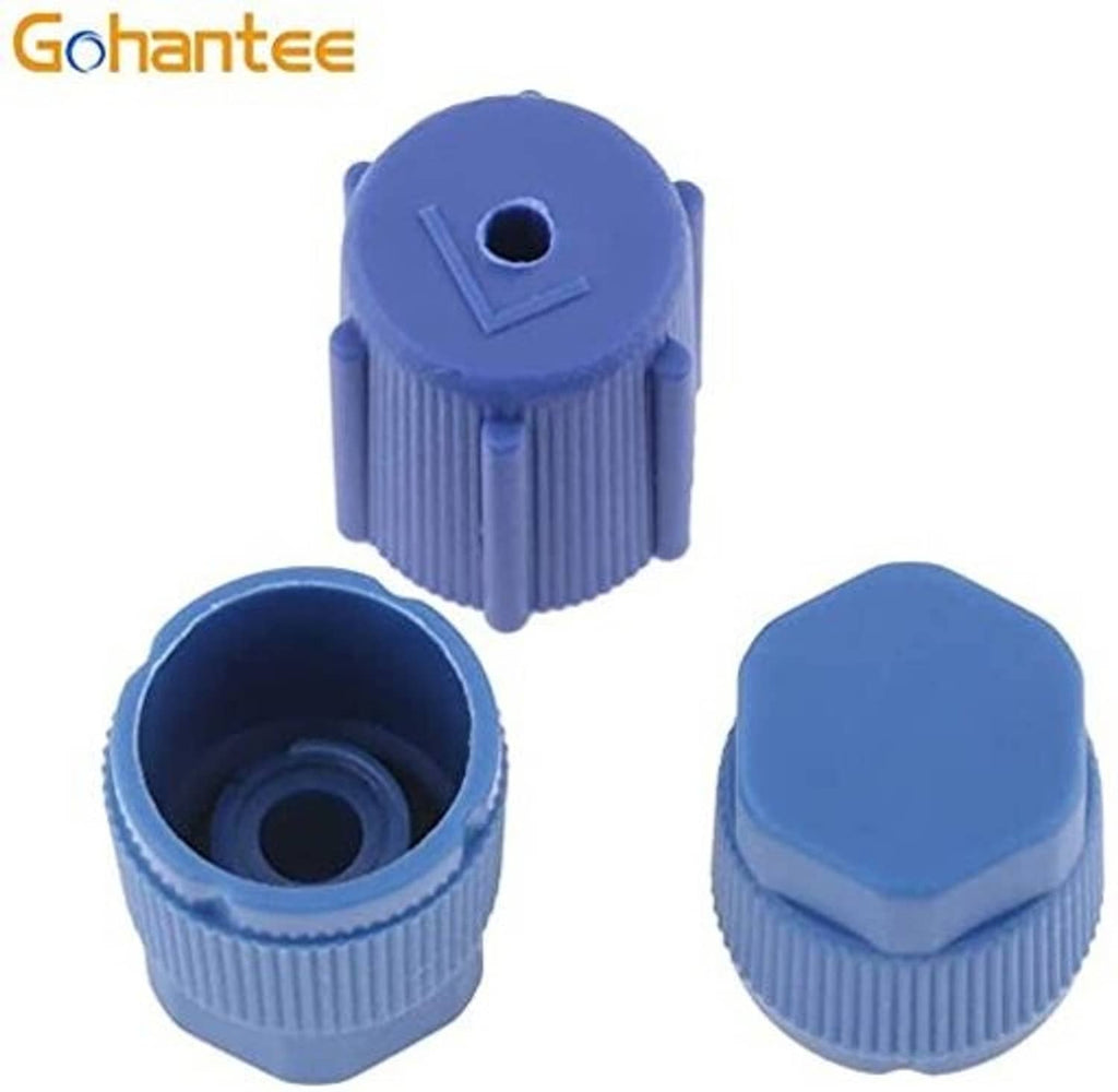Blue Schrader valve cap pair with central openings, for A/C valve cores kit