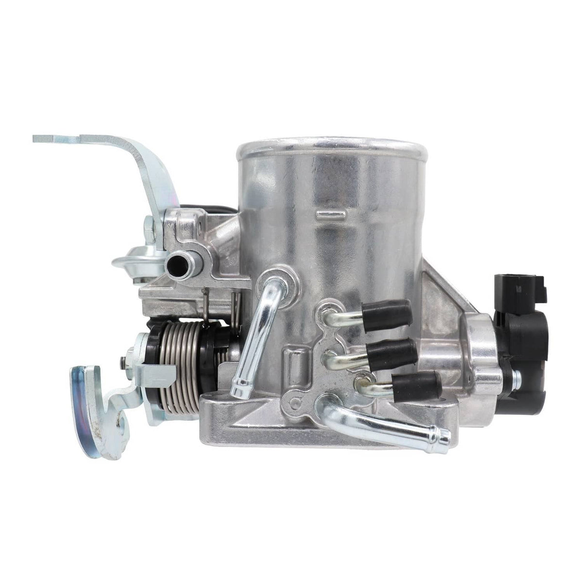 Throttle body valve assembly with side-mounted sensor connector and intake tube