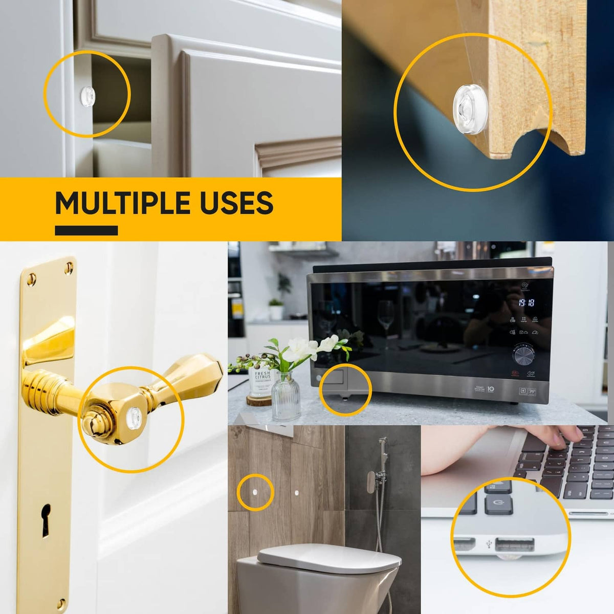 White round self-adhesive bumper on cabinet edge to dampen door closing