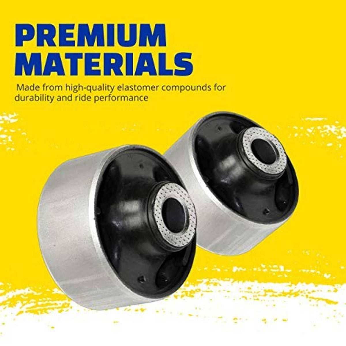 Two suspension bushing assemblies with grey metal housings and black rubber centers