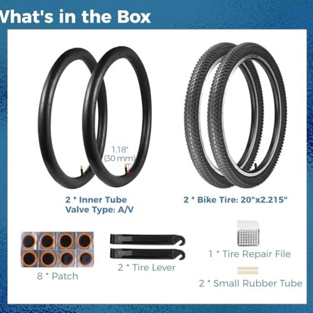 Bicycle tire and tube set kit with two tires, two inner tubes, patch and levers