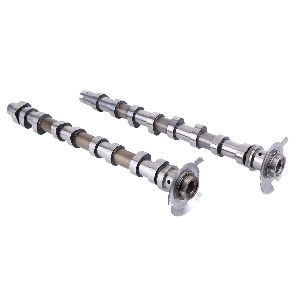 Two camshafts with flanged ends and stepped metal sections, shown from above