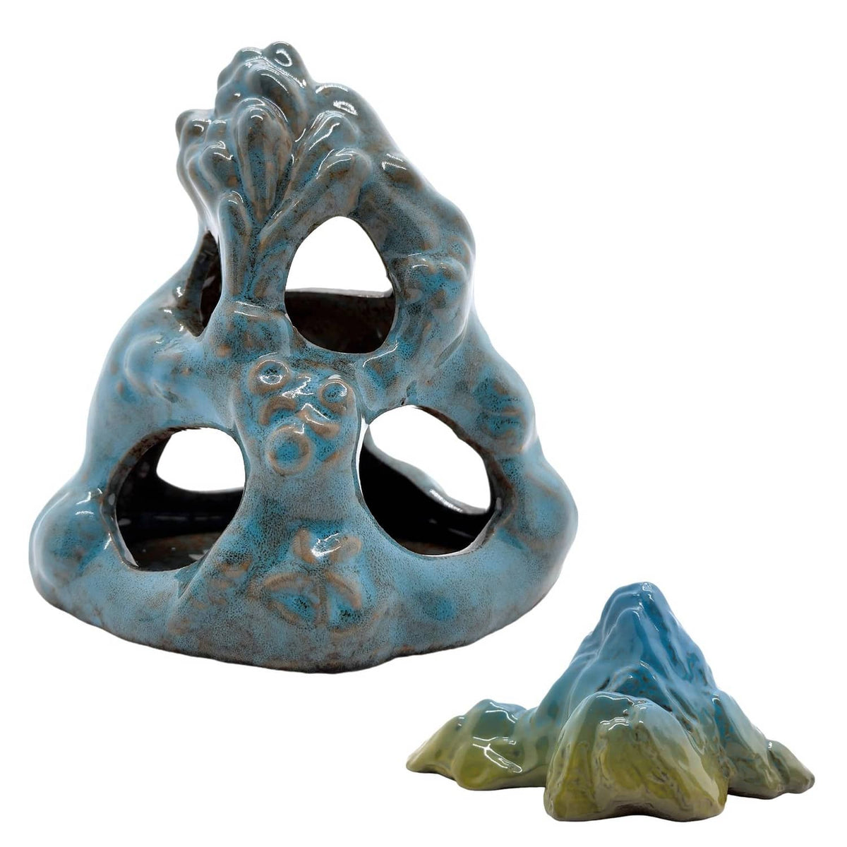 Blue ceramic aquarium cave ornament with three arched openings and molded texture