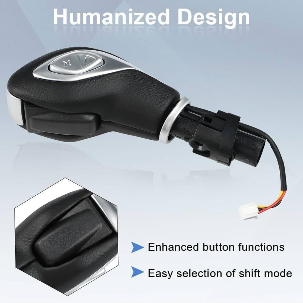 Automatic transmission shift knob with silver bezel and black grip, wiring connection shown