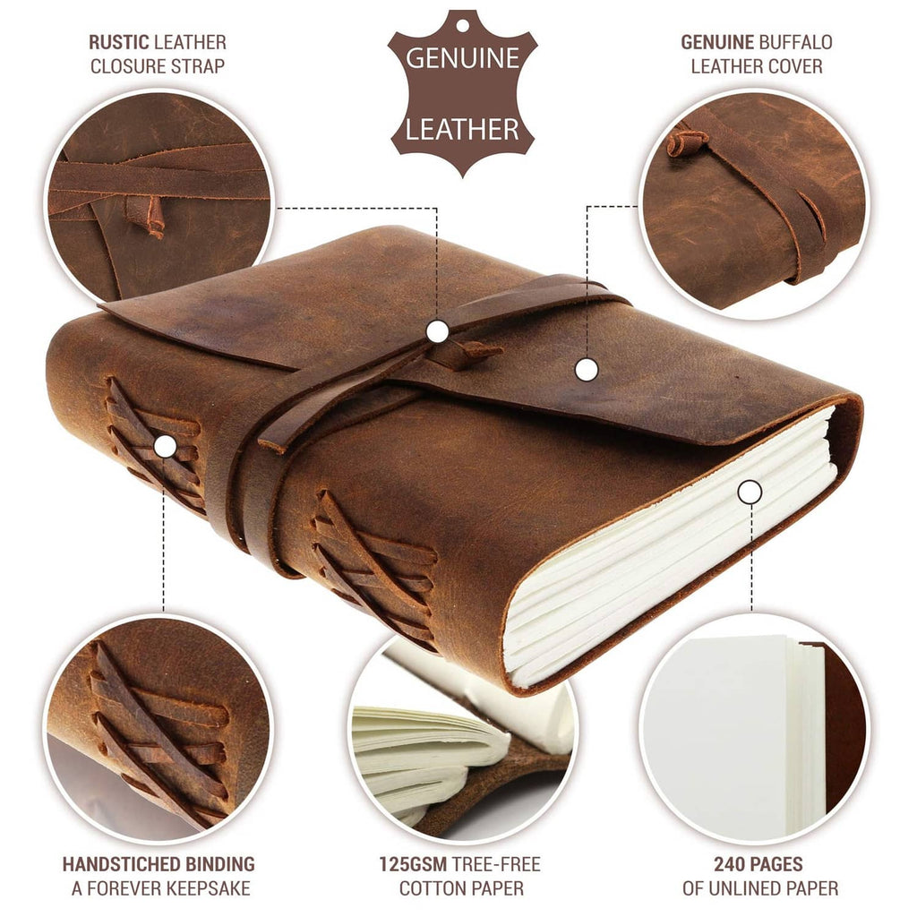 Brown leather journal notebook with embossed strap closure and open notebook pages.