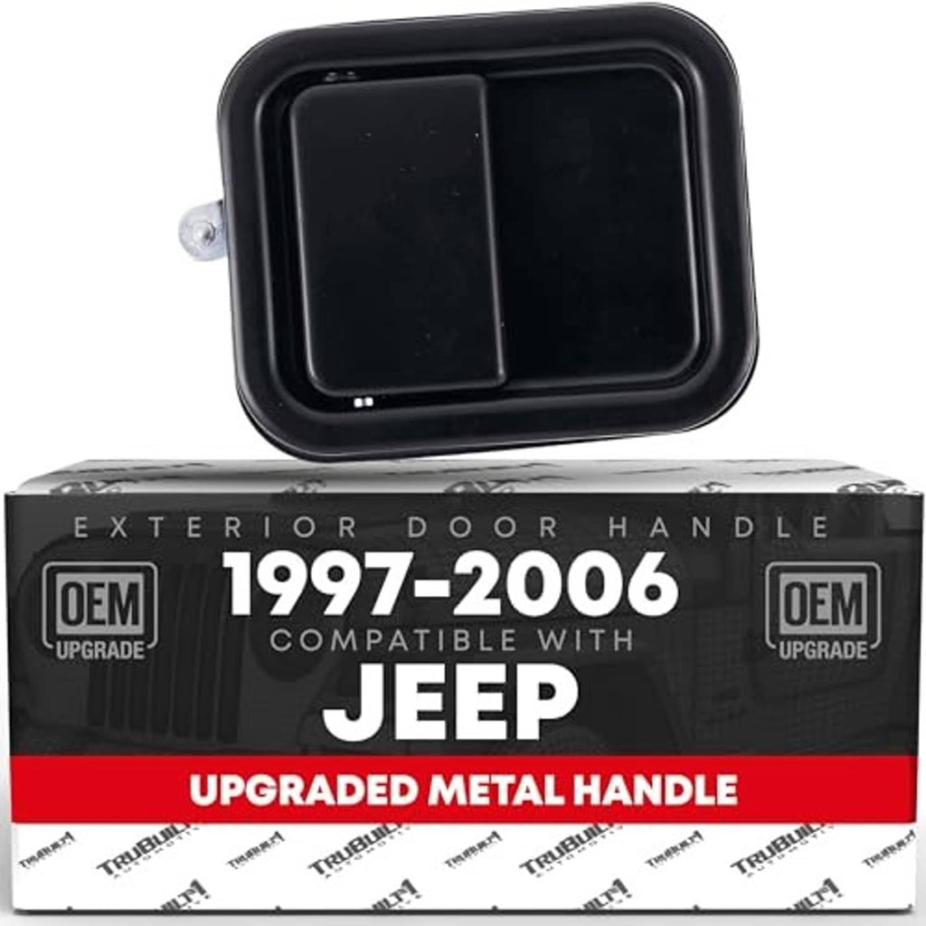 Black exterior front door handle with square bezel and metal mounting stud