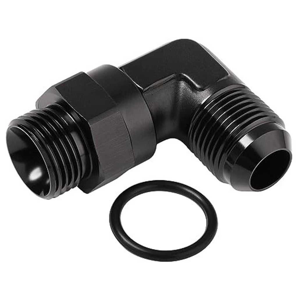 Black 90-degree AN ORB elbow fitting with NBR O-ring and dual male threads