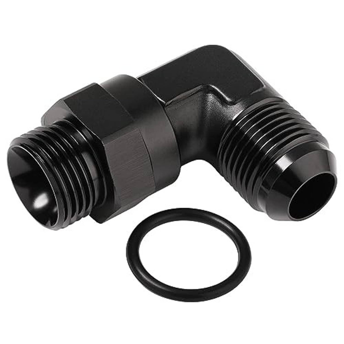 Black 90-degree AN ORB elbow fitting with NBR O-ring and dual male threads