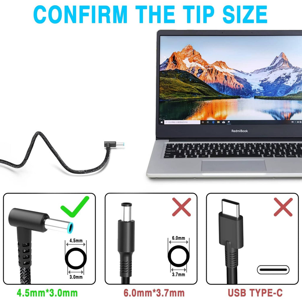 Laptop charger adapter tip with braided cable and connector size diagrams