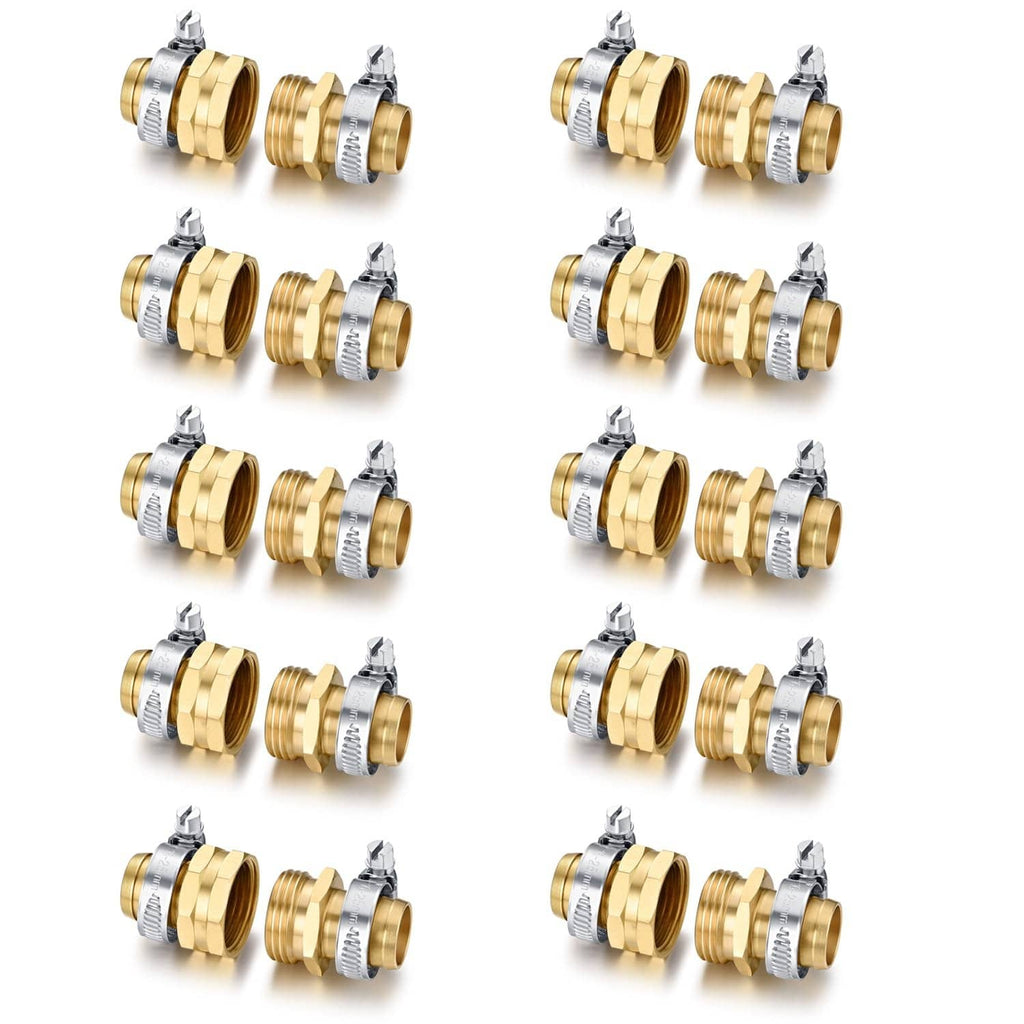 Solid brass garden hose repair connector set with 3/4 in barb fittings and metal clamps