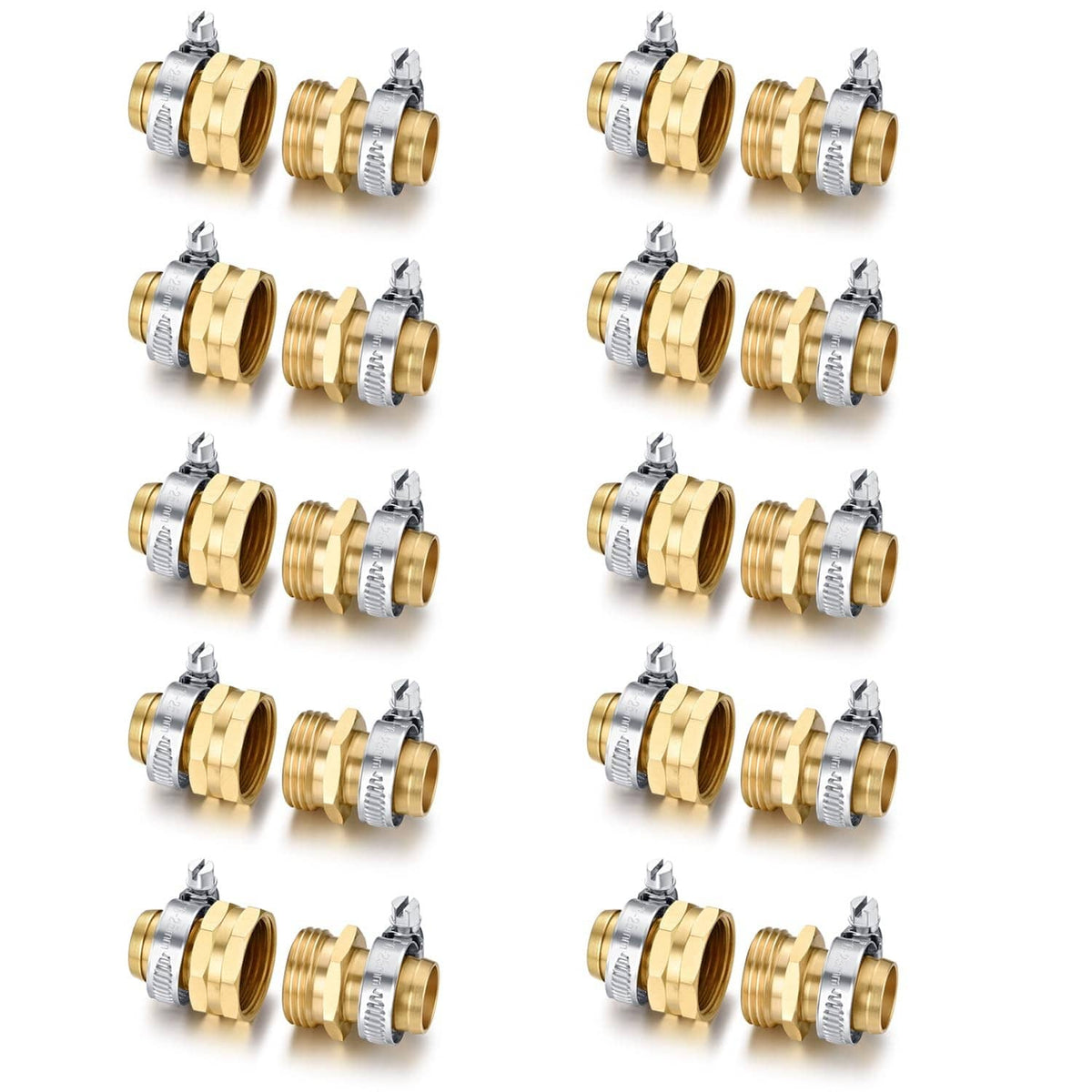 Solid brass garden hose repair connector set with 3/4 in barb fittings and metal clamps