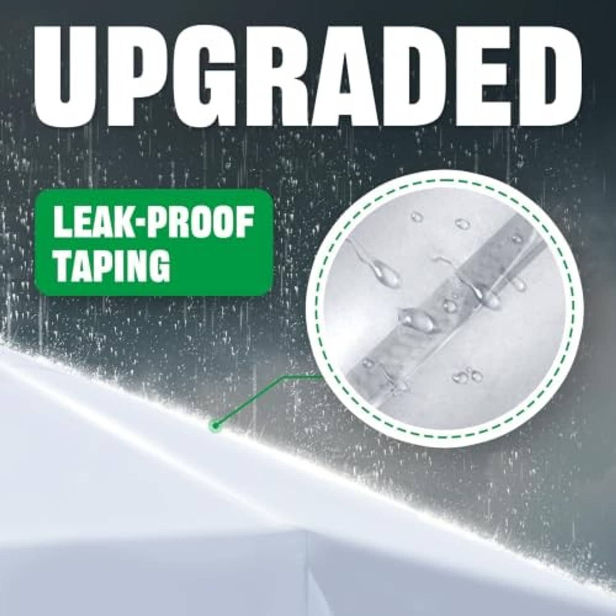 White canopy top with visible seam tape, water droplets on fabric