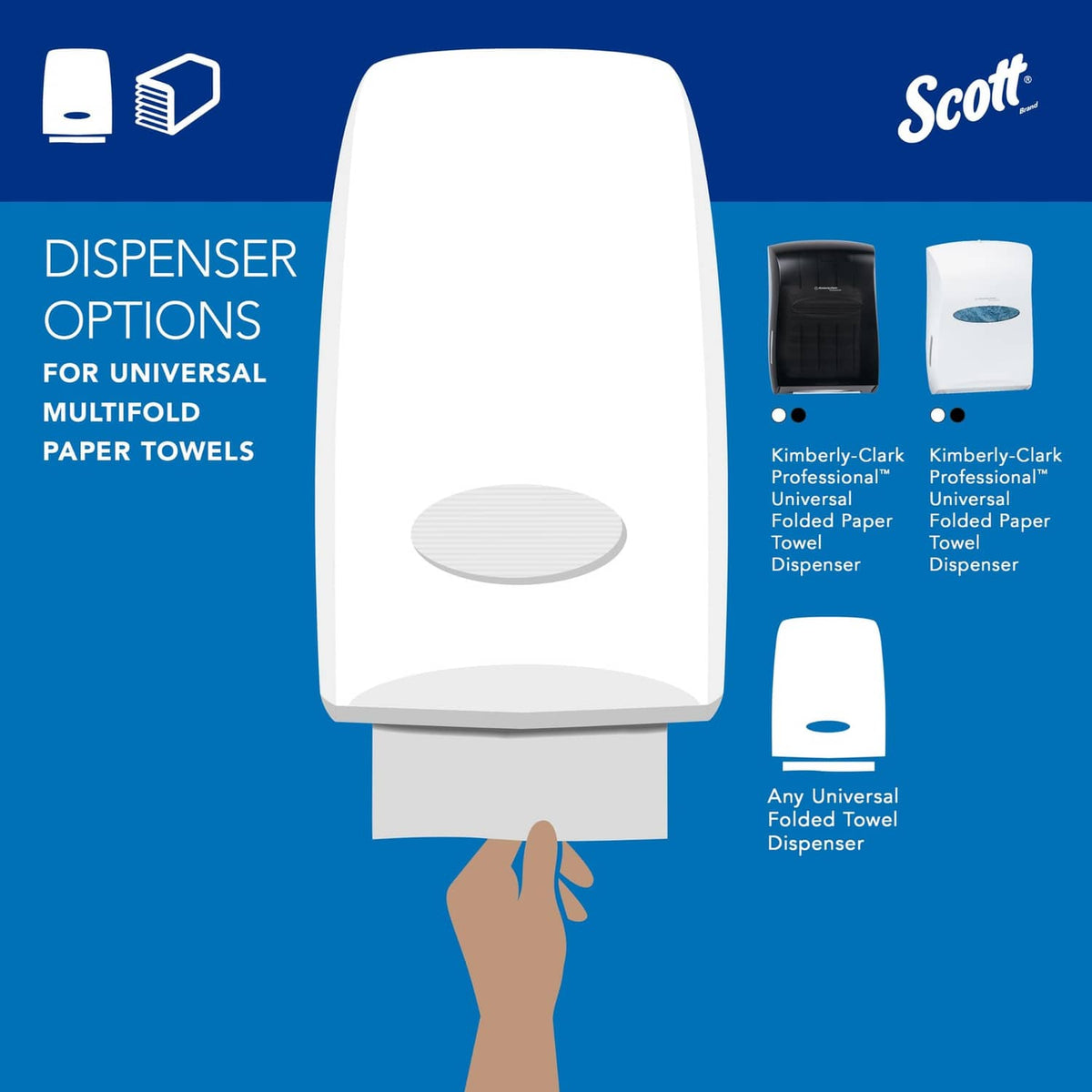 Universal multi-fold paper towels with dispenser option diagram and towel output