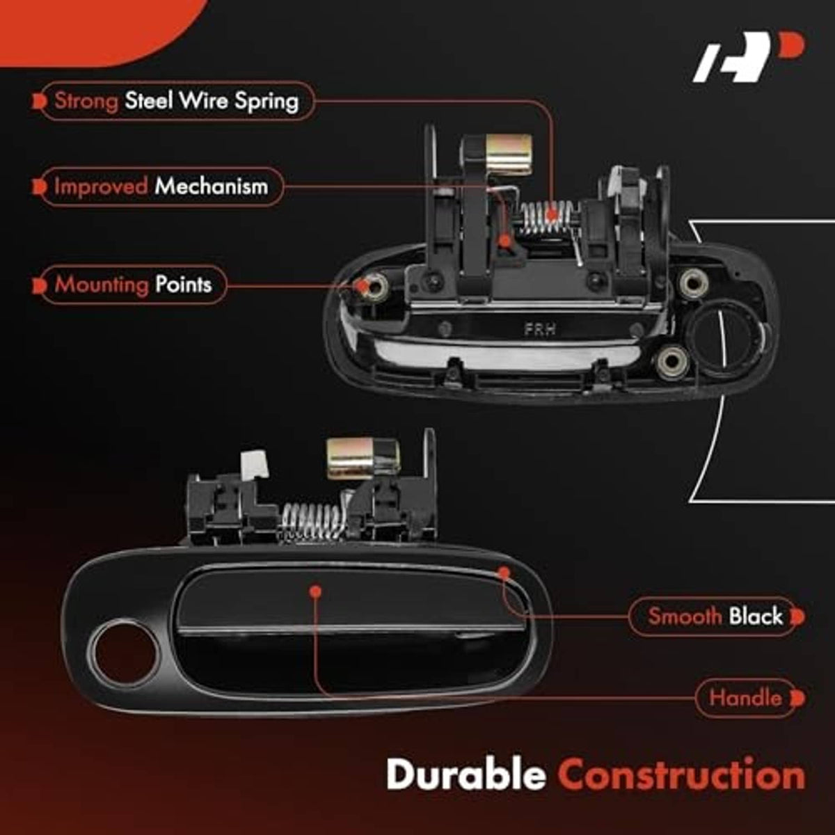 Black exterior door handle mechanism with steel wire spring and mounting points.