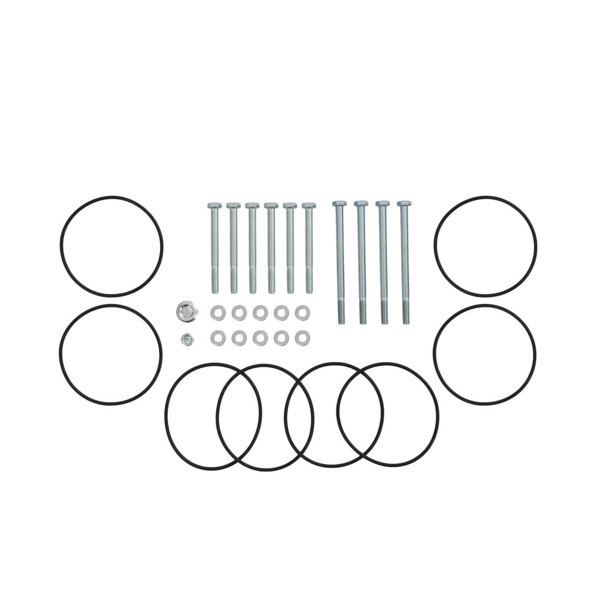 Intake manifold parts kit: gaskets, fasteners, and manifold components on flat lay