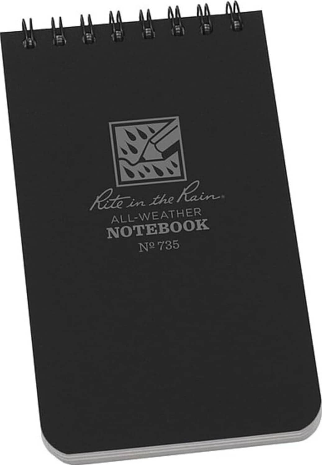 Black notebook cover with spiral binding and “All-Weather Notebook” emblem