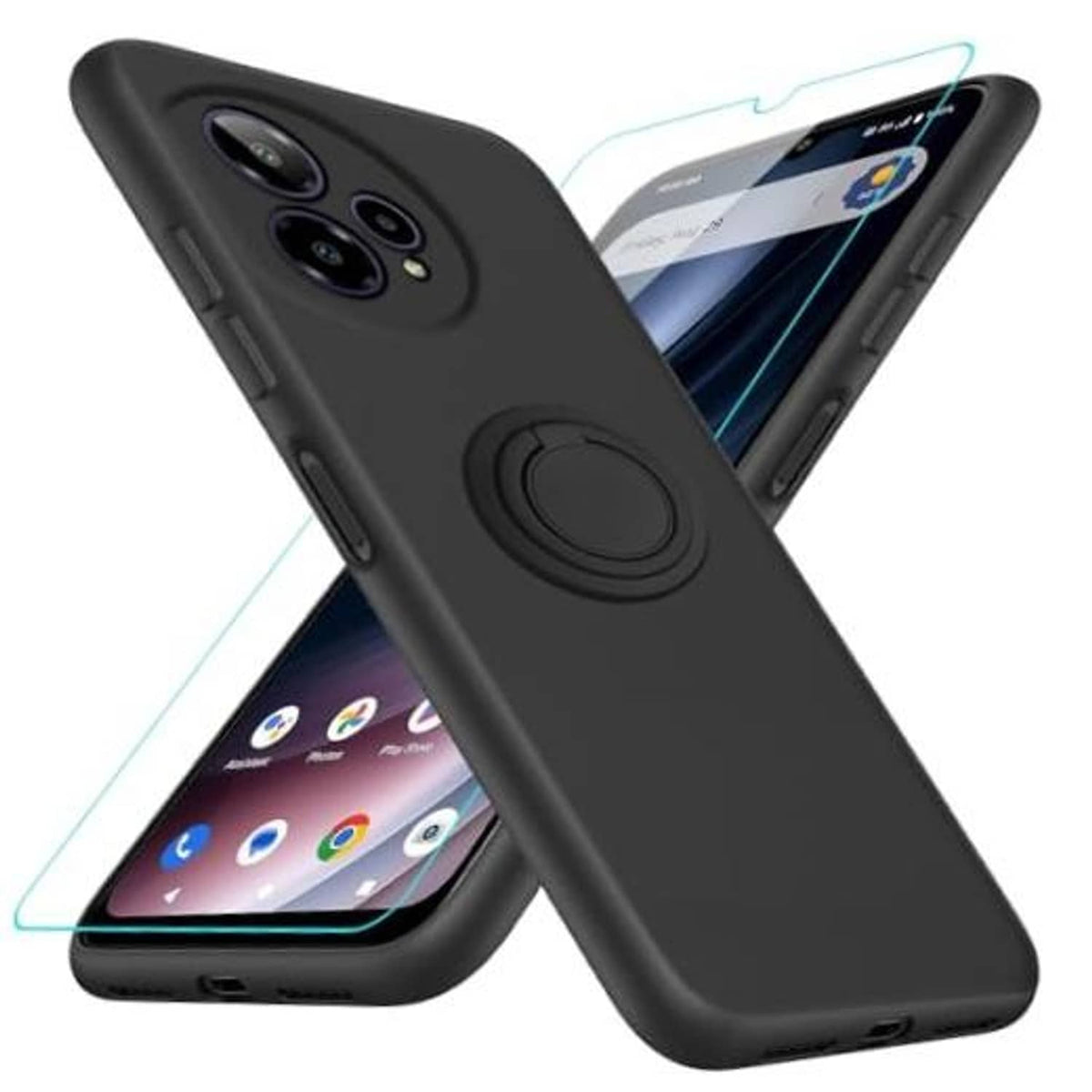 Black slim phone case with circular ring holder and triple camera cutouts.