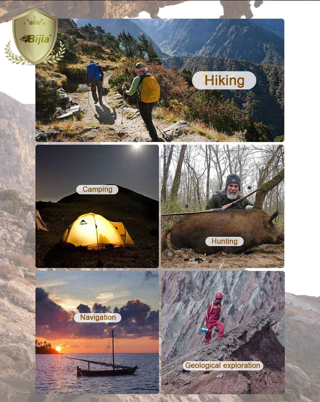 Bijia outdoor navigation compass shown in hiking, camping, and geological exploration scenes