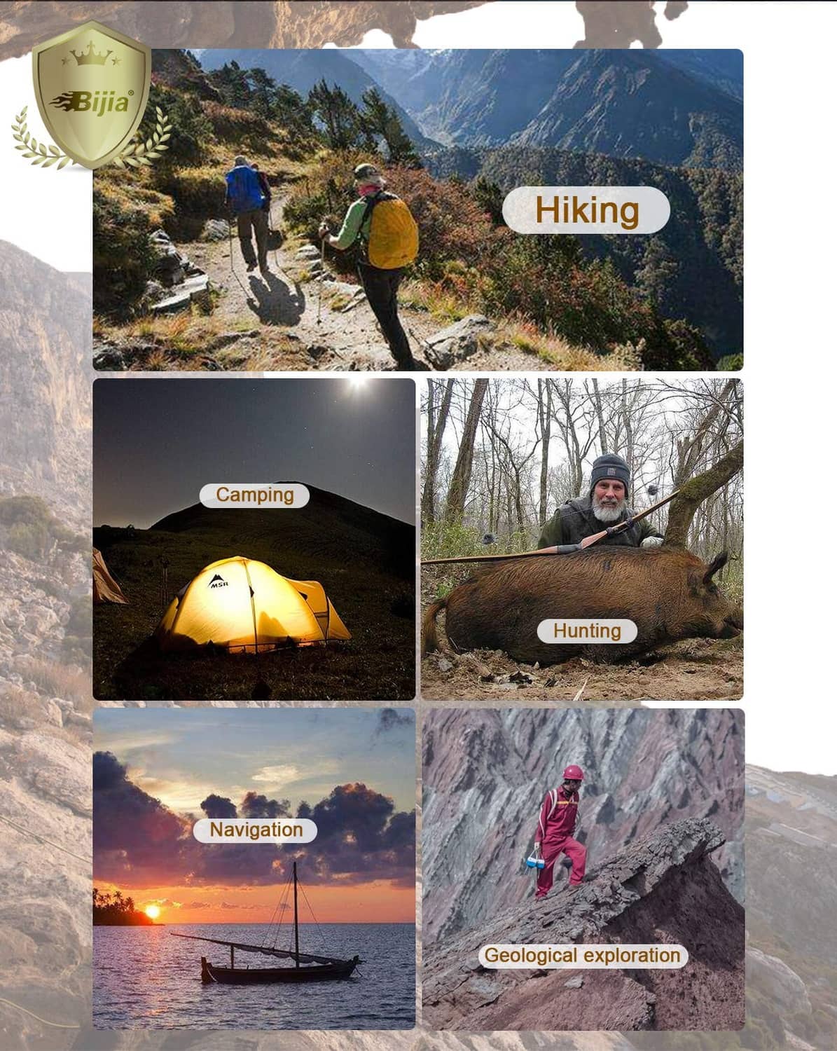 Bijia outdoor navigation compass shown in hiking, camping, and geological exploration scenes
