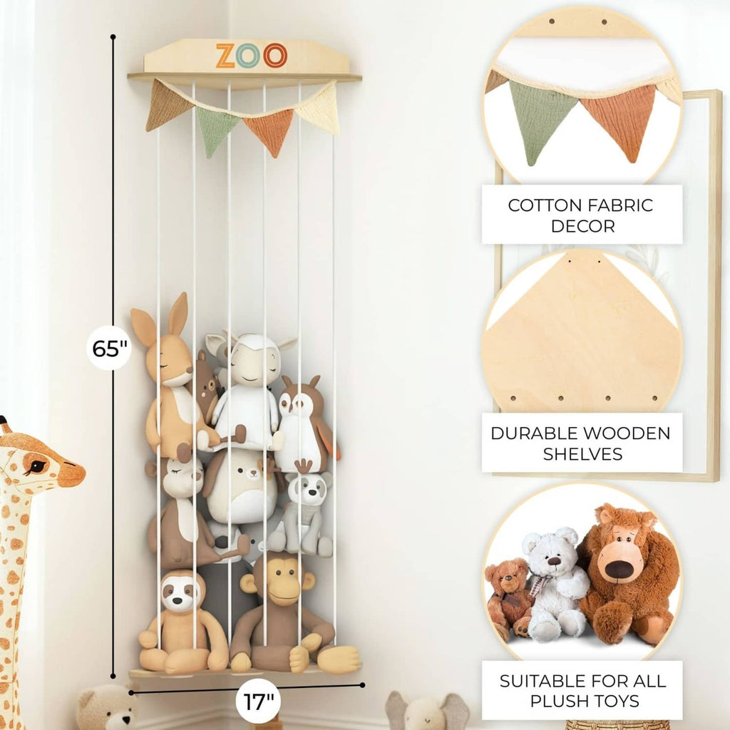 Wall-mounted plush storage with natural wood shelves, vertical ropes, and fabric bunting
