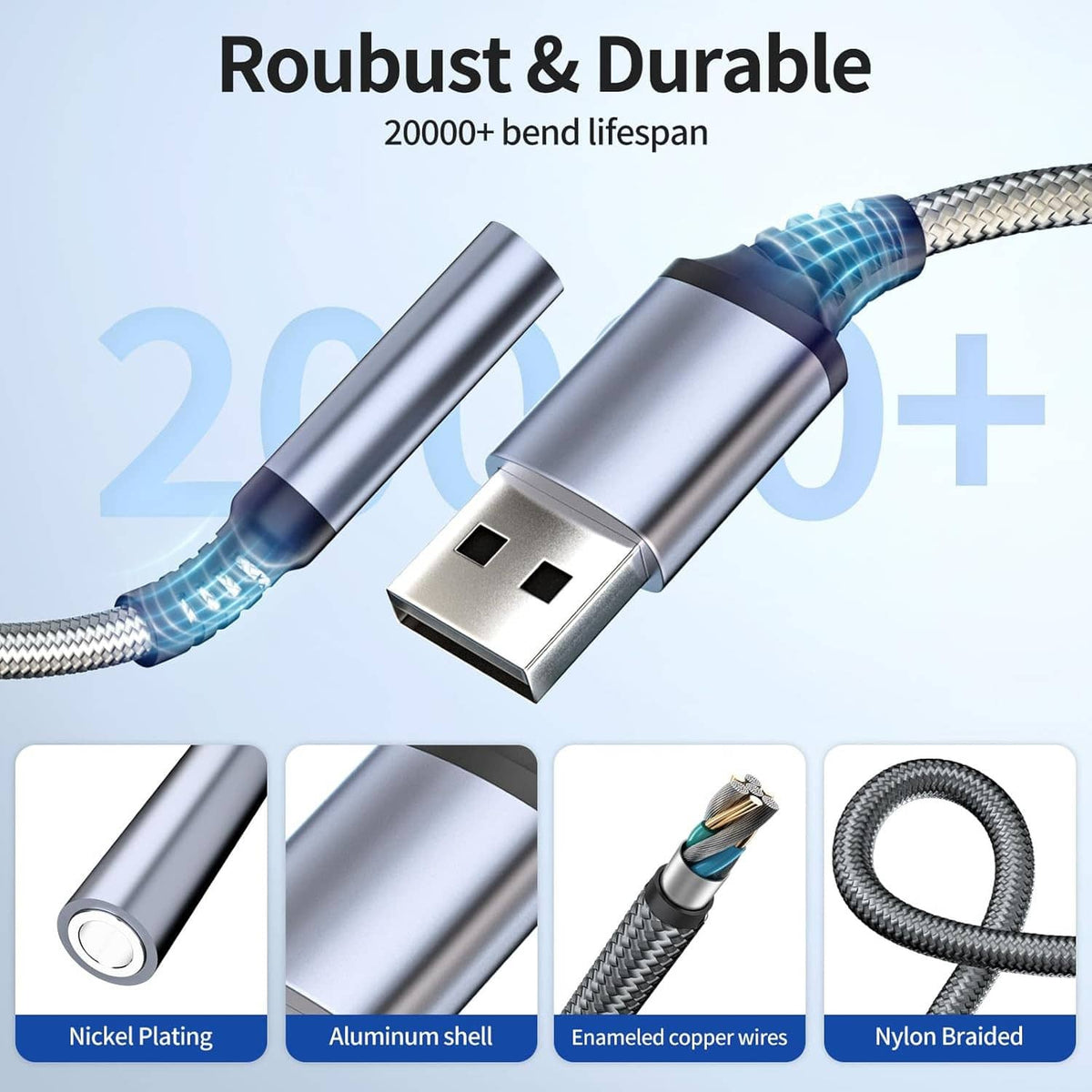 USB-A to 3.5mm adapter with silver housings, blue strain relief, and braided cable