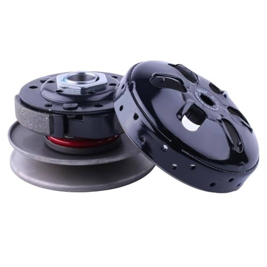 Clutch assembly with clutch bell, black cover with mounting holes and gray bell plate