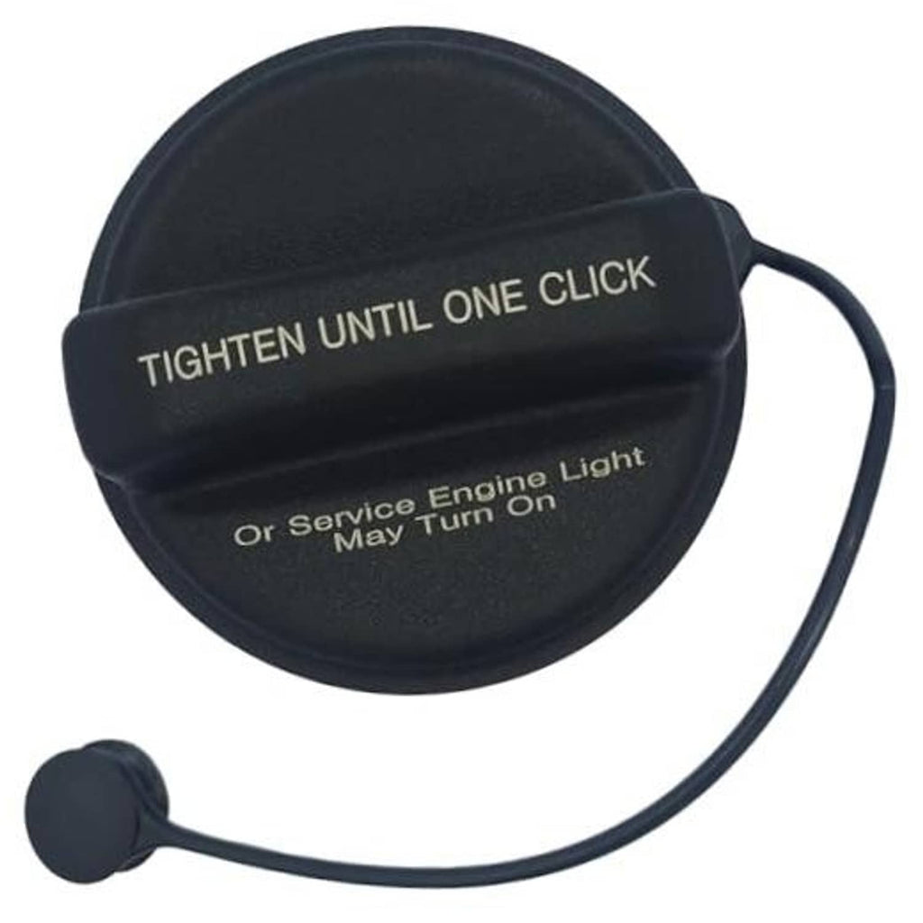 Black fuel tank filler cap with tether cord and click-close label, cap top view