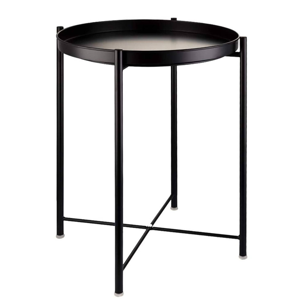 Black metal round top 1-tier side end table with open lower shelf and four legs