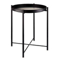 Black metal round top 1-tier side end table with open lower shelf and four legs